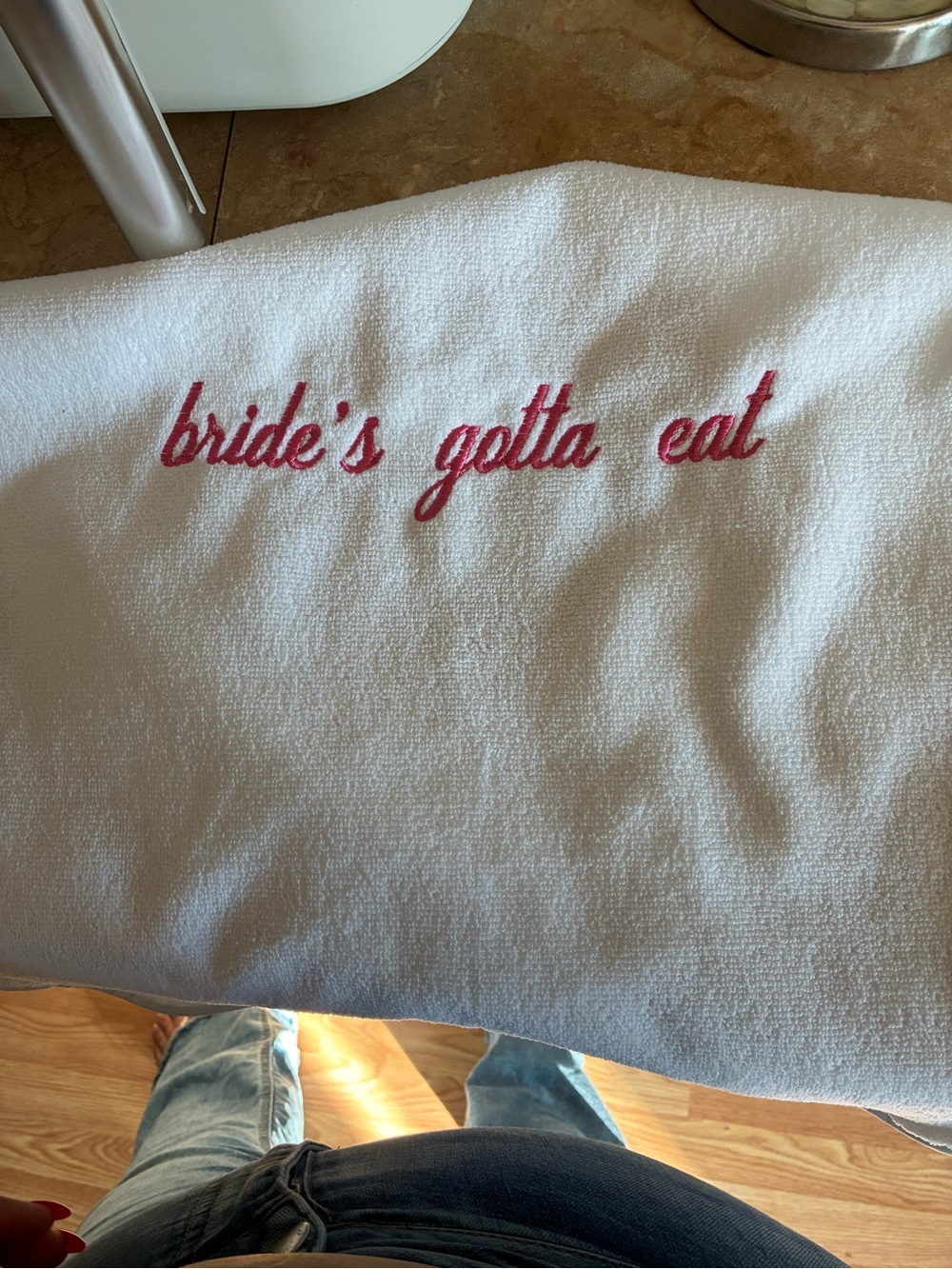 'bride's gotta eat' Embroidered White Towel - Pink Script